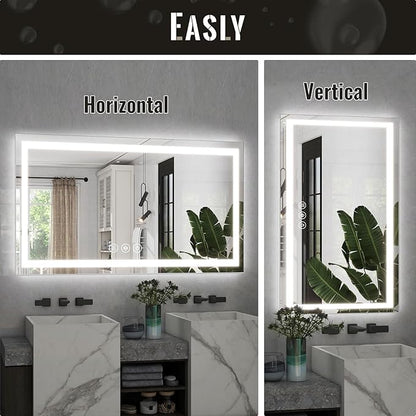 LED Bathroom Mirror, 32x48 Inch White Framed Gradient Front and Backlit Vanity Mirror, Anti-Fog, Dimmable, Wall Mounted Horizontal/Vertical Lighted Mirror, LED Vanity