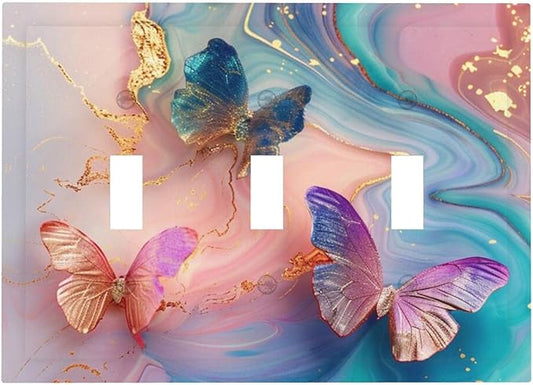 Colorful Marble Butterfly Gold Glitter Abstract Print Decorative Switch Plates 3 Gang Wall Plate Triple Toggle Light Switch Cover Faceplate Electrical Wall Panels for Bed Room Living Room Decor