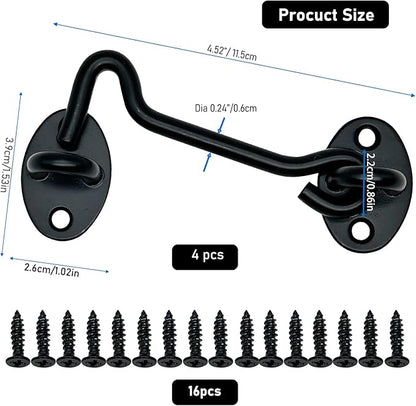 4-Pack 4Inch Door Lock Gate Latch Premium Stainless Steel Hook and Eye Gate Latch Cabin Hook with 16pcs Screws, Black