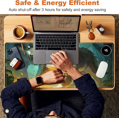 Heated Mouse Pad for Desk 31.5" x 13" – PU Leather Warm Desk Pad with 3 Heat Levels (104°F/113°F/122°F), Plug-in Electric Heating Mat with Auto Shut-Off, Waterproof & Rollable, Forest Wolves