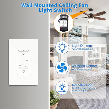 Universal Ceiling Fan Remote Control, Ceiling Fan Remote Control Kit and Dimmer Light Switch, Ceiling Fan Wall Switch UC9050T, Fan Remote Control Kit Compatible with Hampton Bay Harbor Breeze Hunter