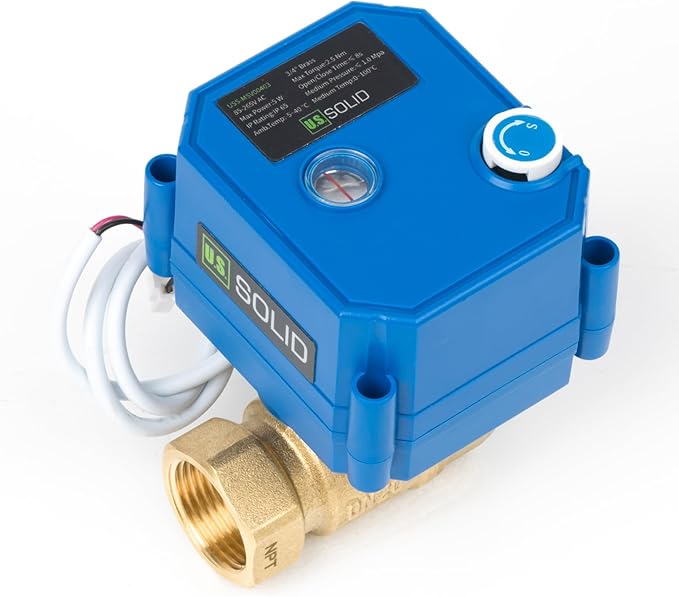 U.S. Solid Motorized Ball Valve with Manual Function - 3/4" Brass, Standard Port, 85-265V AC, 2-wire Automatic Return, Normally Closed