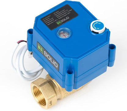 U.S. Solid Motorized Ball Valve with Manual Function - 3/4" Brass, Standard Port, 85-265V AC, 2-wire Automatic Return, Normally Closed