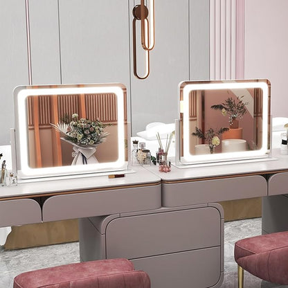ROLOVE 22x17 Inch Lighted Vanity Mirror with Dimmable LED Lights - 3 Color Modes, Smart Touch Control & 360° Rotating Base - Desk Makeup Mirror (White)