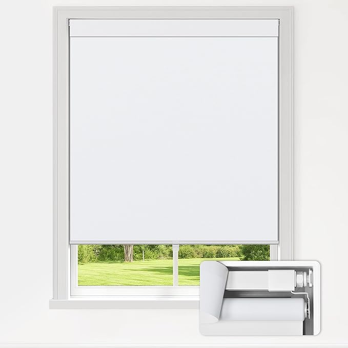LazBlinds No Drill Blinds for Indoor Windows, Blackout Roller Shades, Cordless Window Blackout Blinds, Thermal Insulated Fabric UV Protection for Home and Office, 42" W x 72" H, White
