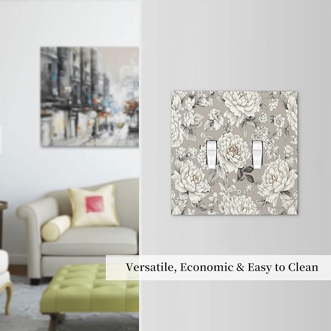 White Poppies Floral Modern Grey Peonies Flowers Decorative Switch Plates 2 Gang Double Toggle Outlet Light Switch Cover Wall Plate Electrical Faceplate for Bedroom Bathroom Decor