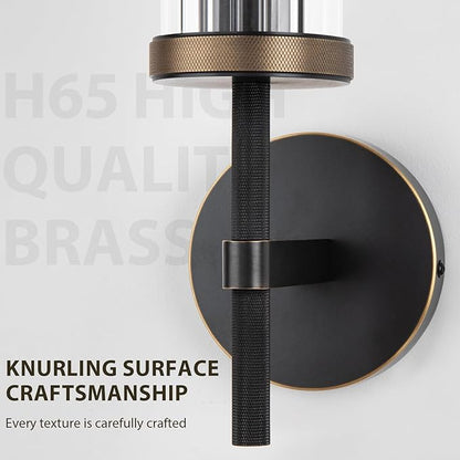 15" Knurled Brass Wall Sconces Set of 2, Black Gold Bathroom Vanity Light Fixtures with Vertical Striped Glass Tube, Modern Lamp Lighting for Bedroom, Living Room, Hallway, Staircase, Mirror, Kitchen