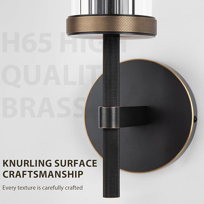 19.5" Knurled Brass Wall Sconce with Vertical Striped Glass Tube, Black Gold Bathroom Vanity Light Fixtures, Modern Lamp Lighting for Bedroom, Living Room, Hallway, Staircase, Mirror, Kitchen