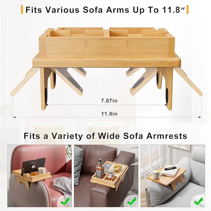 Bamboo Couch Cup Holder Tray - 2 in 1 Couch Armrest Table with Be Slide-Away Detachable Double Holder - Sofa Armchair Caddy for Drinking Snacks iPad TV Remote