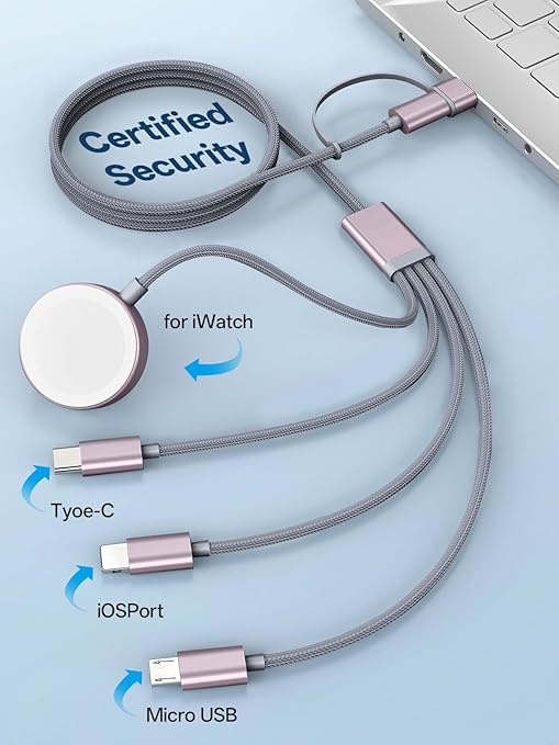 Travel Essentials, 4 in 2 Multi Charging Cable for Apple Watch Charger/iPhone Charger,USB C Cable Cord for iPhone 17-11/iWatch Ultra/10-2/Galaxy S25-S20, Android Phones, Kindle, MP3-Grey,4FT