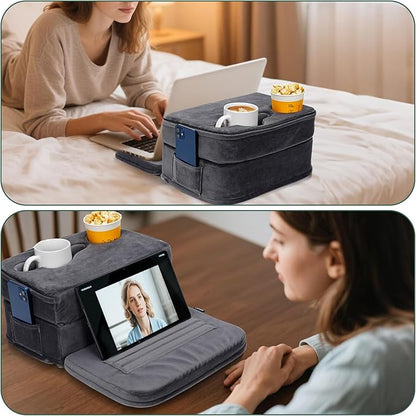 2IN1 Couch Cup Holder Pillow - Sofa Cup Holder Pillow with 7 Holes and Side Pocket | Couch Caddy for Cups, Headphones, Snacks and Phones | Use it on Car, Pack, Beach, RV - Gray