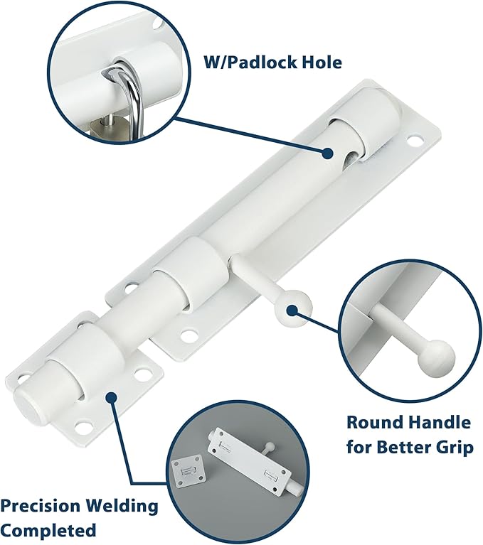 Alise 8 inch Barrel Bolt Latch,Slide Bolt Latch,Heavy Duty Solid SUS304 Stainless Steel Slide Lock for Wooden Fence,Barn Door,Interior or Outdoor Door White
