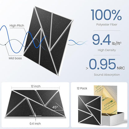 12 pack Acoustic Panels With Self-Adhesive, 12"X 12"X 0.4"Sound Proof Foam Panels, Sound Panels High Density, Soundproof Wall Panels for Home Studio Office- WhiteBase + BlackFace V1