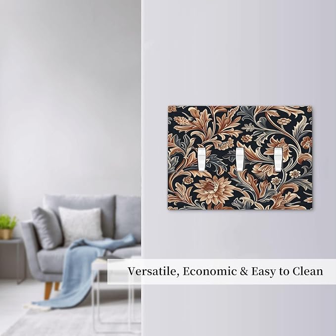 Decorative Switch Plates Vintage Grey Plant Leaves Brown Flowers 3 Gang Wall Plate Triple Toggle Light Switch Cover Faceplate Electrical Wall Panels for Bedroom Home Decor