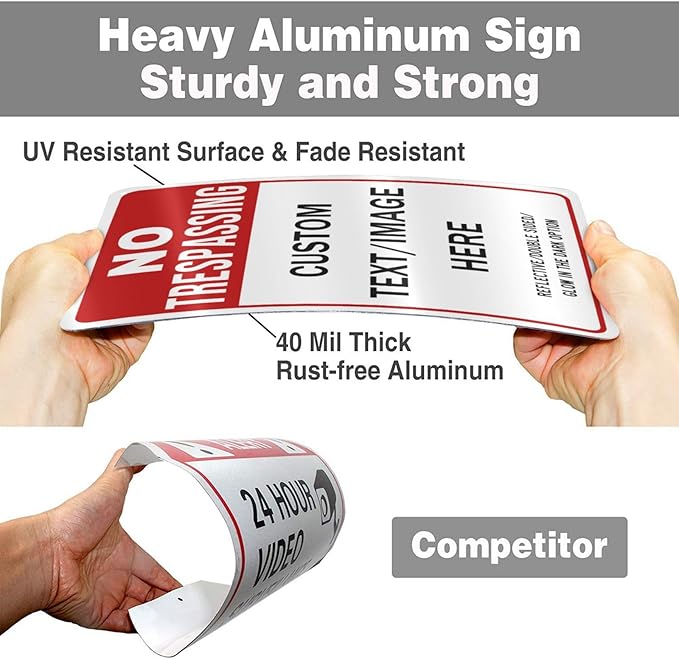 Custom No Trespassing Sign, Glow in the Dark/Reflective Option, 16''x12'' Personalized Large Aluminum Warning Signs, Customize for Business, Yard, Garden, School, Indoor/Outdoor Use