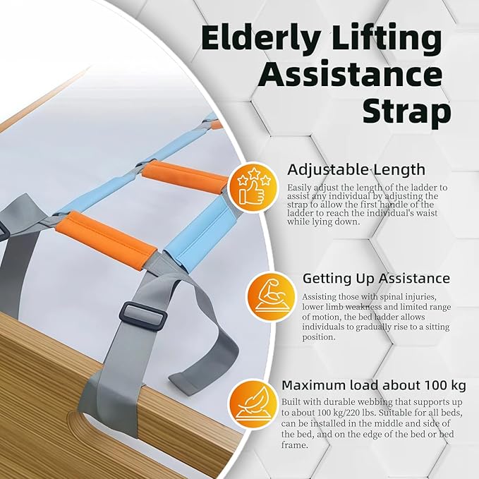 Bed Ladder Assist with Soft Handle Grips Assist Device with Handle Strap Sit Up Hoist Adjustable Length Assistant to Get Out of Bed for Seniors Handicapped Injured（Blue）