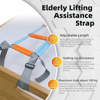 Bed Ladder Assist with Soft Handle Grips Assist Device with Handle Strap Sit Up Hoist Adjustable Length Assistant to Get Out of Bed for Seniors Handicapped Injured（Blue）