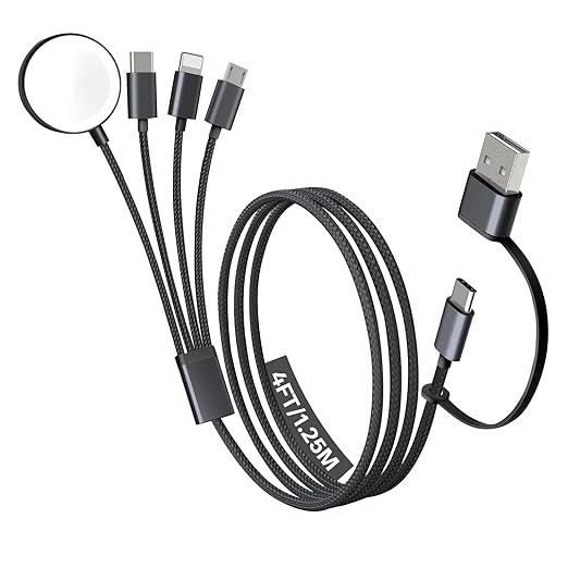 Travel Essentials, 4 in 2 Multi Charging Cable for Apple Watch Charger/iPhone Charger,USB C Cable Cord for iPhone 17-11/iWatch Ultra/10-2/Galaxy S25-S20, Android Phones, Kindle, MP3-Black,4FT