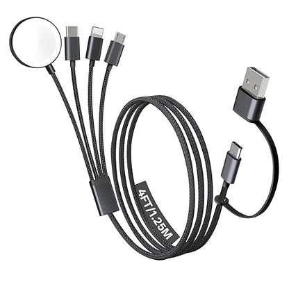 Travel Essentials, 4 in 2 Multi Charging Cable for Apple Watch Charger/iPhone Charger,USB C Cable Cord for iPhone 17-11/iWatch Ultra/10-2/Galaxy S25-S20, Android Phones, Kindle, MP3-Black,4FT