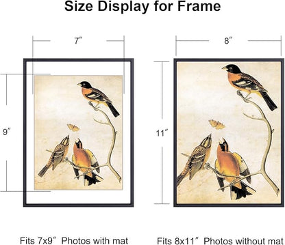8x11 Picture Frame, Black Aluminum Metal Photo Frames with HD Glass, Fits 7x9 with Mat or 8 x 11 without Mat, Display for Wall and Table