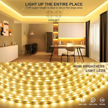 White LED Strip Lights, 131ft Dimmable 24V LED Lights Strip 3000K Bright Warm White, Flexible Tape Lights for Bedrooms, Kitchen, Cabinet, Christmas Decor, 2 Rolls of 65.6ft