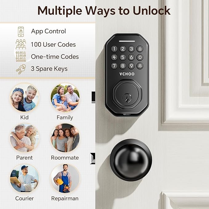 Keyless Entry Door Lock with Handle, App Control Door Locks for Front Door, Auto Lock Keypad Door Lock with Handle, Smart Door Lock for Home Hotel Bedroom with 2 Door Knobs