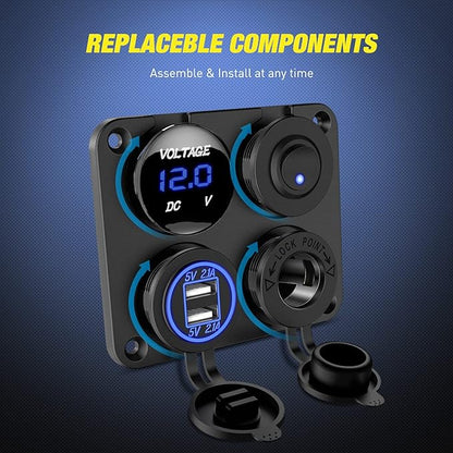 Nilight 4 in 1 ON OFF Charger Socket Panel Dual USB Charger Power Outlet LED Voltmeter Cigarette Lighter Socket LED On Off Rocker Toggle Switch for Truck Car Marine Boats RV, 2 Yeas Warranty
