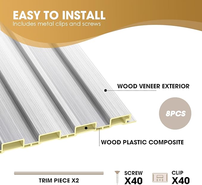 OUZUGIE WPC Acoustic Slat Wall Paneling, 8-Pack 96 x 6 Inches 3D Wall Panels for Interior Wall Decor,Living Room,TV Background,Study Room,Office Spaces,Bedroom,Low Grille (Metallic Silver)