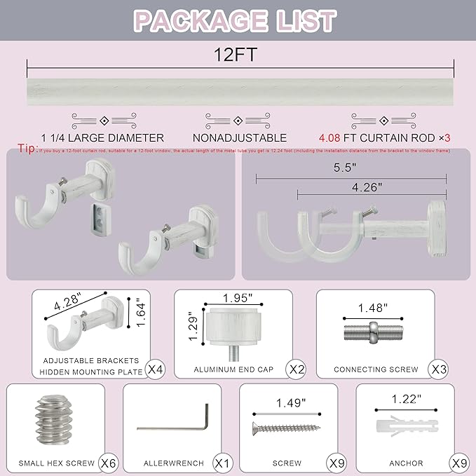 Heavy Duty Curtain Rods,1 1/4" Large Diameter Premium Nonadjustable Curtain Rod,144in/12ft Custom Window Treatment Rods with Durable Aluminum Brackets and End Caps,White Finish