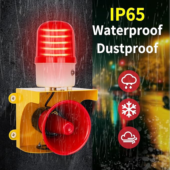 AC110V Industrial Siren Alarm Strobe Light-120dB Loud Horn&Waterproof Red Beacon Warning Light for Emergency,Factory,Fires,Tornado,Intruder Deterrent (with Switch&Volume – Adjustable 0–120dB)