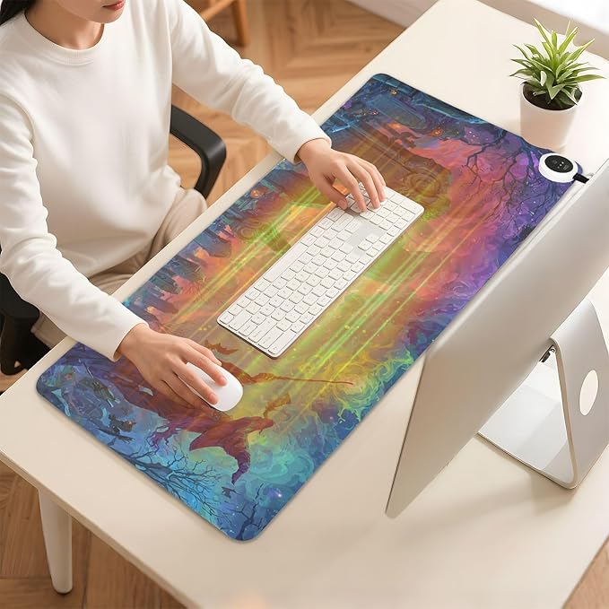 Heated Desk Pad Mouse Pad 31.5x13 Inch PU Leather Desk Mat with 3 Heat Levels Large Mouse Gaming Computer Laptop Mat Halloween Graveyard Purple
