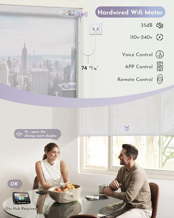 Graywind Motorized Semi Roller Shades Compatible with Alexa Google Hardwired WiFi Smart Light Filtering Remote Control Automated Blinds Electric Window Shade, Custom Size (Sheer White)