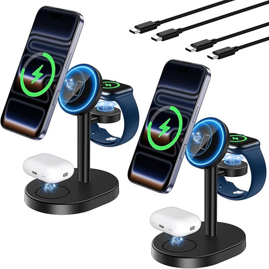 2 Pack Hevanto 2025 3 in 1 Wireless Charging Station for Apple MagSafe Charger, 15W Fast Magnetic Mag-Safe Charger Stand for iPhone 17 16 15 14 13 12 Apple Watch AirPods (Adaptor Not Included)