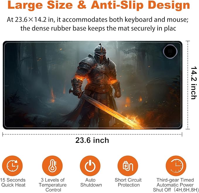Small Heated Desk Pad 23.6" x 14.2" – Compact Electric Mouse Pad with 3 Heating Levels, Auto Shut-Off, Waterproof PU Surface, Plug-in Warmer for Office or Home Use, Fire Warrior