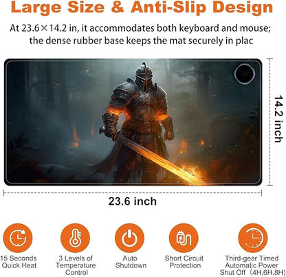 Small Heated Desk Pad 23.6" x 14.2" – Compact Electric Mouse Pad with 3 Heating Levels, Auto Shut-Off, Waterproof PU Surface, Plug-in Warmer for Office or Home Use, Fire Warrior