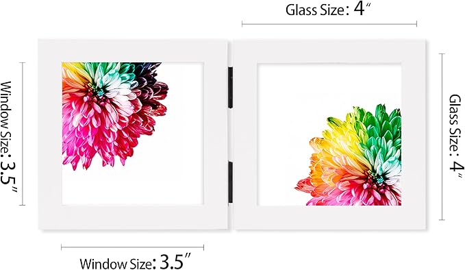 Double 4x4 Square Combo, White Wood Picture Frame, 3.5x3.5 Opening Foldable Photo Frame on Table-top or Wall