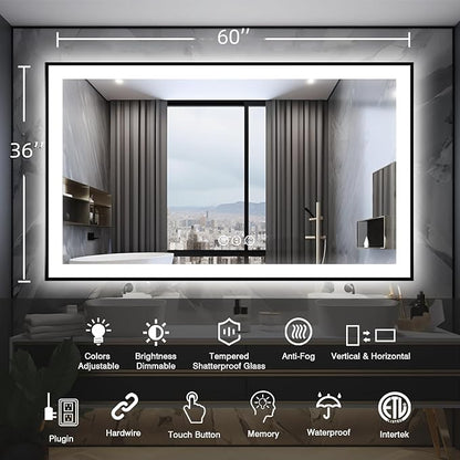 60x36 Lighted Mirrors for Bathroom Wall, Modern Rectangle Matte Black Mirror, Tempered Glass，Double Lights, 3 Colors Dimmable Temperature, IP54 Enhanced Anti-Fog, Memory (Horizontal/Vertical)