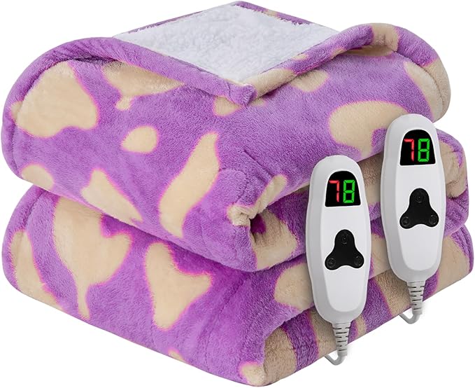 Leopard Print Electric Heated Blanket Queen Size,84X90 Purple Heating Blanket Queen with Dual Control&Timer&10 Heat Levels,Cute Leopard Fleece Sherpa Blankets Warmer Gifts for Bed Women Adults