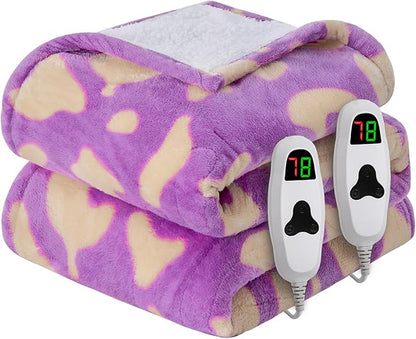 Leopard Print Electric Heated Blanket Queen Size,84X90 Purple Heating Blanket Queen with Dual Control&Timer&10 Heat Levels,Cute Leopard Fleece Sherpa Blankets Warmer Gifts for Bed Women Adults
