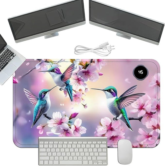 Heated Mouse Pad with 3 Temperature Settings(104°F–122°F),Large 24x14.2 Inch PU Leather Heated Desk Mat,Waterproof Warming Pad for Office,Gaming & Cold Hands Relief,Hummingbirds Flowers