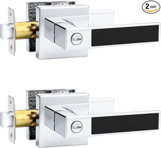 Probrico Square Heavy Duty Door Handle with Black Leather Hand Lever, Keyless Privacy Interior Door Levers for Bedromm and Bathroom, Polished Chrome, 2 Pack