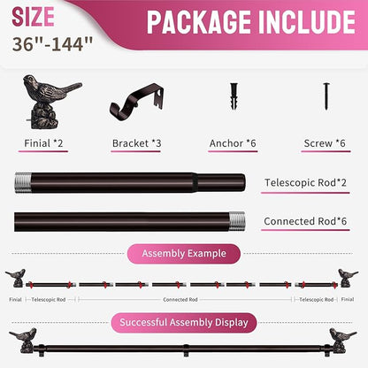 Curtain Rods for Window 36 to 144 Inches Vintage Bronze Curtain Rod with Bird Finials Adjustable Drapery Rod Heavy Duty Curtains Rods for Living Room Kitchen Window