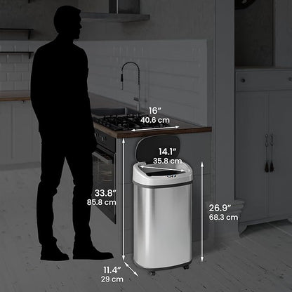 SensorCan 13 Gallon Sensor Trash Can with Wheels and AbsorbX Odor Control System, Stainless Steel, Oval Shape Automatic Kitchen and Office Garbage Bin (Powered by Battery or Optional AC Adapter)
