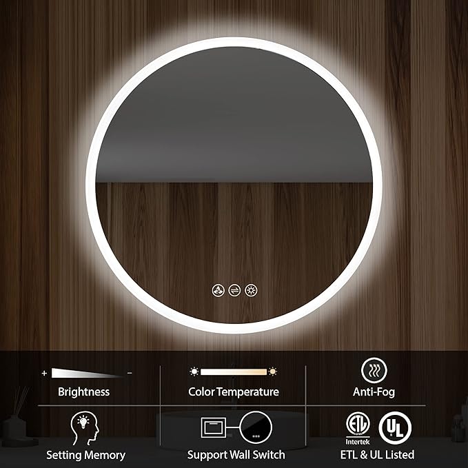 Blossom 24 Inches Large Modern LED Round Bathroom Vanity Mirror, Color Temperature Adjustable, Anti-Fog Dimmable Lights, Easy to Install, Wall Mounted Makeup Mirror with Smart Touch Button
