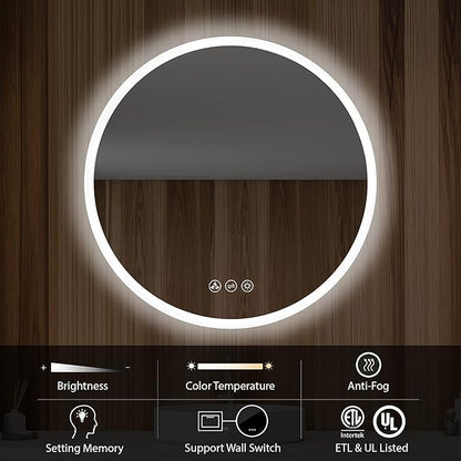 Blossom 24 Inches Large Modern LED Round Bathroom Vanity Mirror, Color Temperature Adjustable, Anti-Fog Dimmable Lights, Easy to Install, Wall Mounted Makeup Mirror with Smart Touch Button