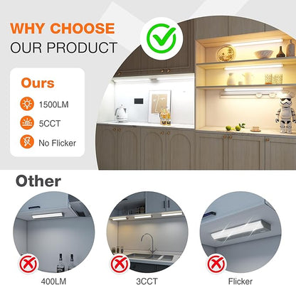 24inch Linkable Under Cabinet Lighting Hardwired Plug-in, Wired led Under Cabinet Lights with 5 CCT (2700/3000/3500/4000/5000) & Dimmable, Under Counter Lights for Kitchen, 15W, 1500LM, 1 Pack