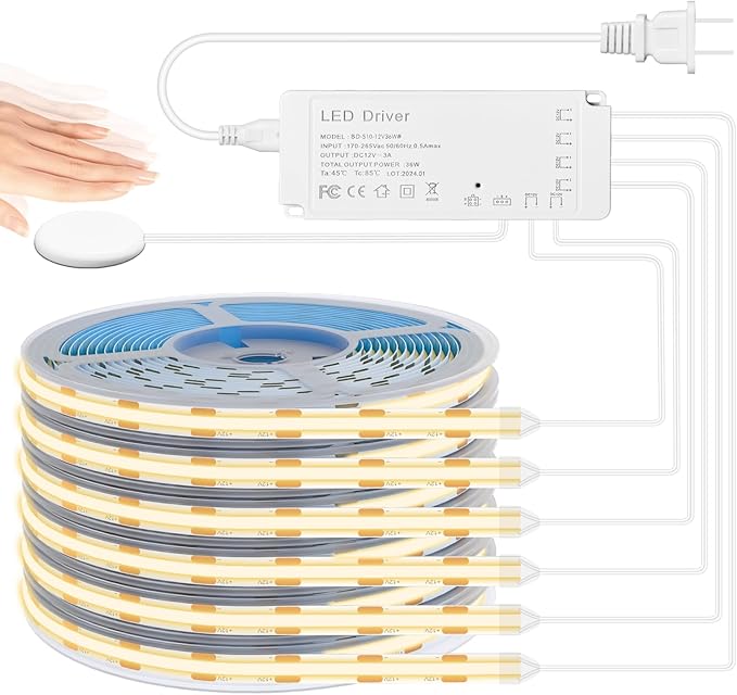 Lichaser 6.56ft COB LED Strip Light, 6 Rolls of 3000K Flexible COB LED for Acoustic Panel and Wood Slat Wall Panels Parallel with Dimmable Touch Sensor Switch, Cuttable for Wood Slat Lighting, Shelf