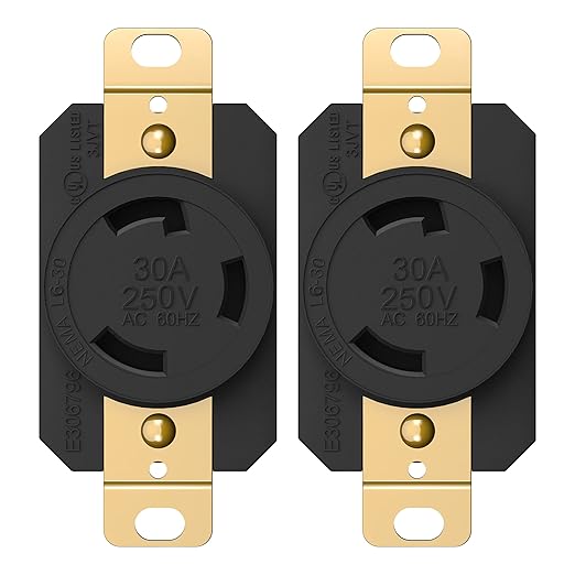 ENERLITES NEMA L6-30R Flush Mounting Locking Receptacle for Generator, Twist Lock Outlet, 30 Amp, 250 Volt, 2 Pole, 3 Wire Grounding, Industrial Grade Heavy Duty, UL Listed, 66460-BK, Black, 2 Pack