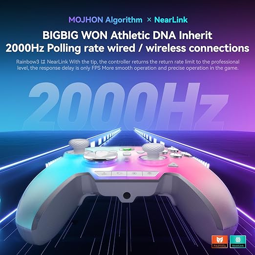 BIGBIG WON Rainbow 3 Wireless Controller 2000Hz Polling Rate Capacitive Joystick 16 Mechanical Keys 14 Custom RGB Lights 6-Axis Gyro Sensor Switchable Hall/Micro-switch Trigger 3.5mm Audio Jack Gamepad for PC/Switch2/iOS/Android