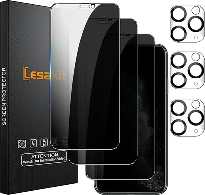 3+3 Pack Privacy Screen Protector for iPhone 11 Pro Max 6.5-Inch with 3 Pack Camera Lens Protector, Anti Spy Tempered Glass Film 9H Hardness Bubble Free Case Friendly